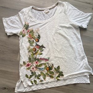 Anthropology Meadow Rue White Top with Floral and Bird Design